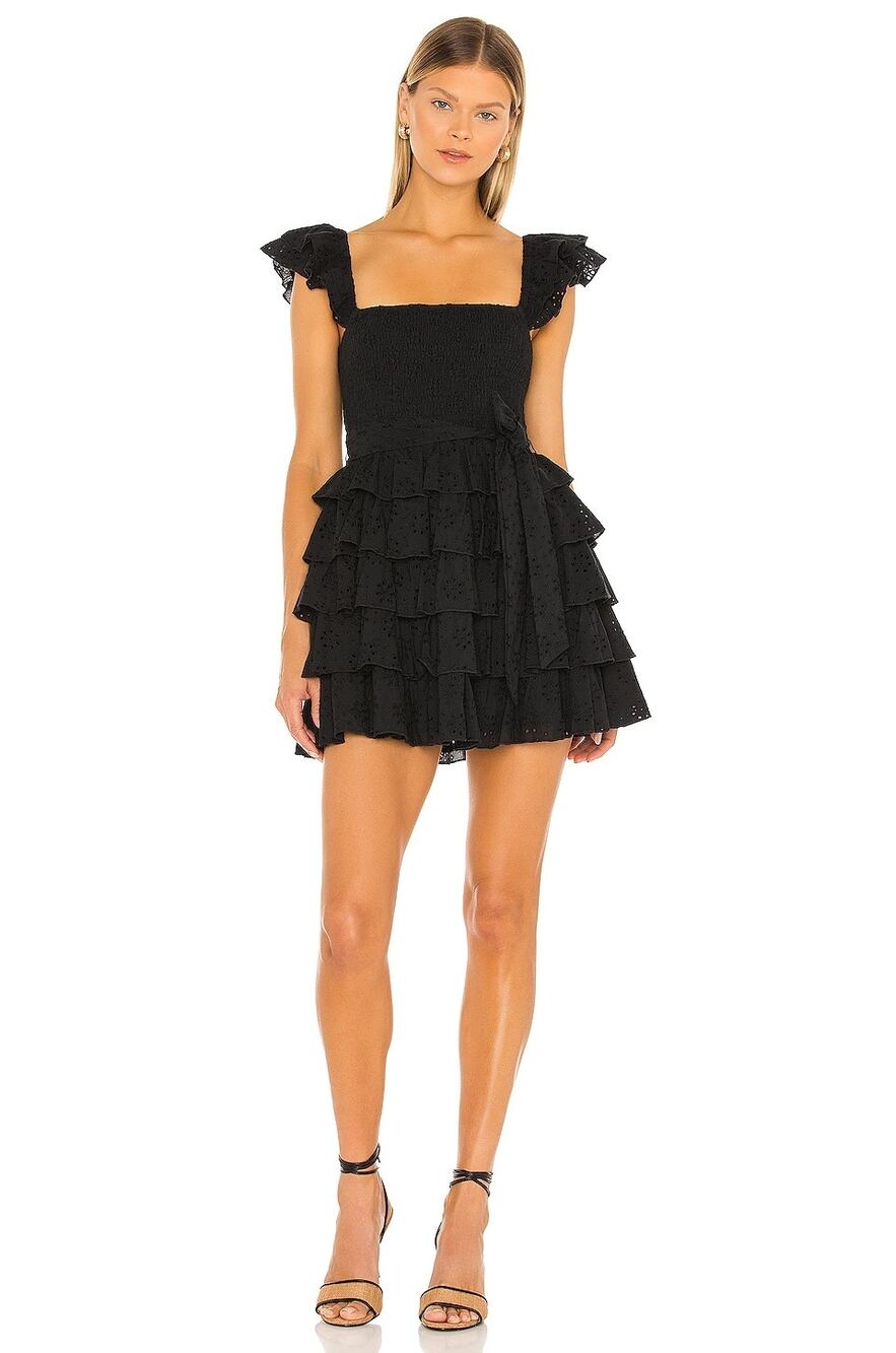 Tularosa Women's Smocked Carlotta Mini Dress Wide Straps Sleeveless Black Size L
